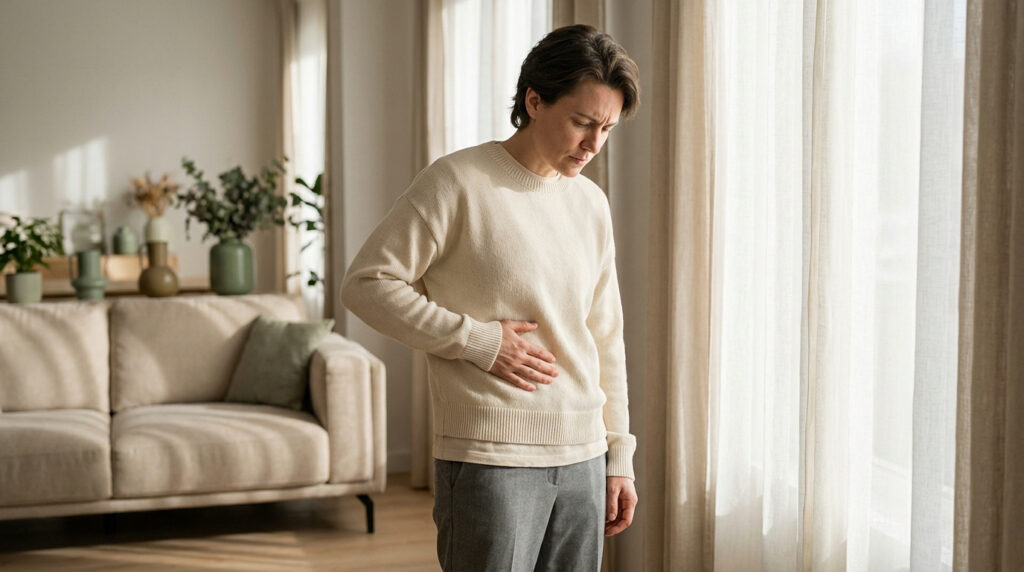 Femme souffrant de douleur abdominale, se tenant le bas-ventre avec une expression de malaise dans un intérieur lumineux.