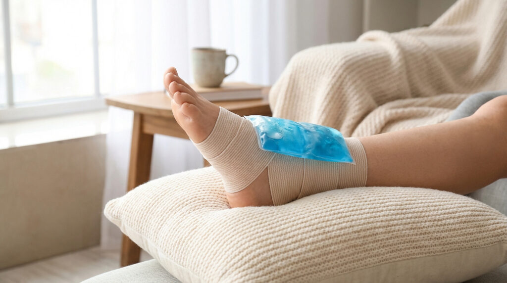 Une jambe repose sur un coussin, la cheville est bandée avec une poche de glace bleue. Traitement d'une entorse de cheville à domicile.