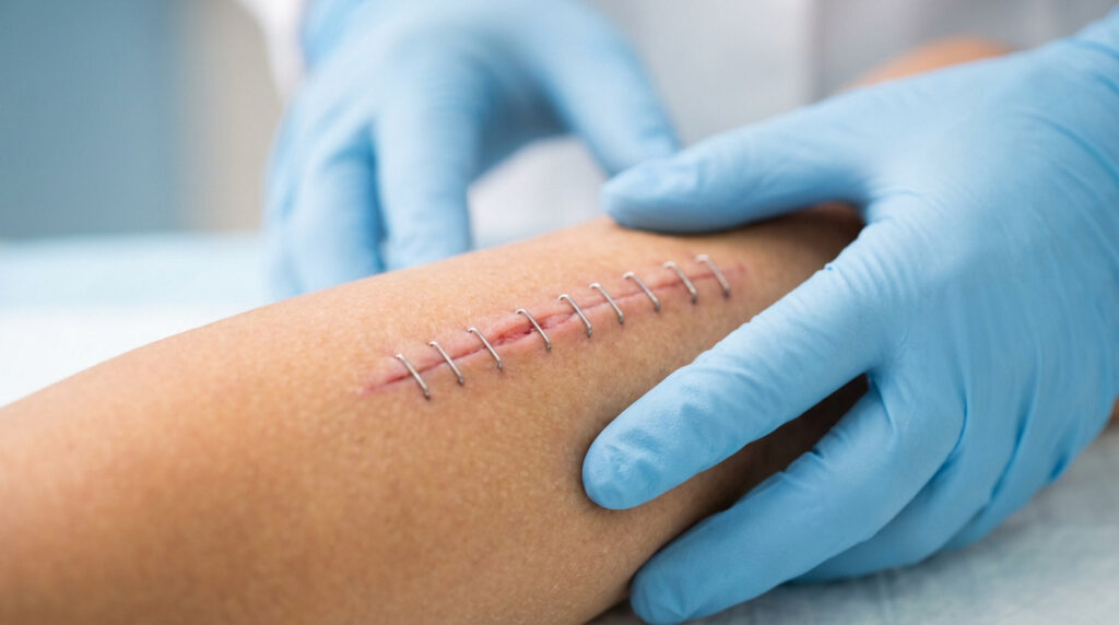 Gros plan sur un bras avec une incision chirurgicale fermée par des agrafes métalliques, des mains gantées l'entourent.