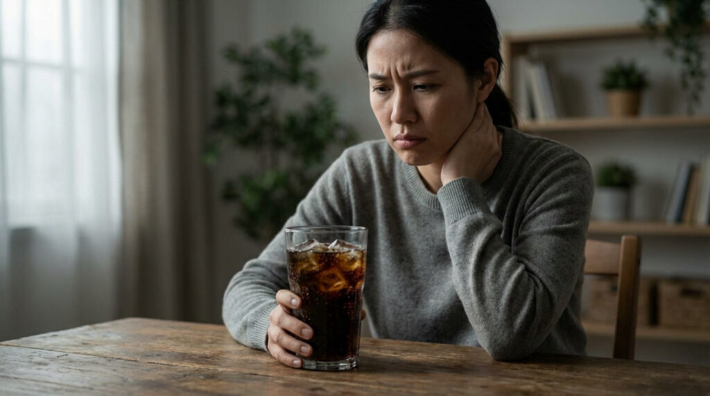 Femme asiatique l'air souffrant, tenant un verre de cola glacé et touchant sa gorge. Elle semble hésiter à boire.