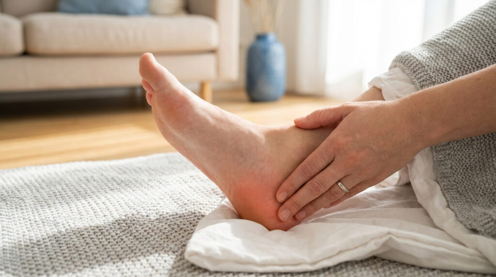 Gros plan sur un pied où des mains massent un talon visiblement rouge et douloureux, assis sur un tapis clair.