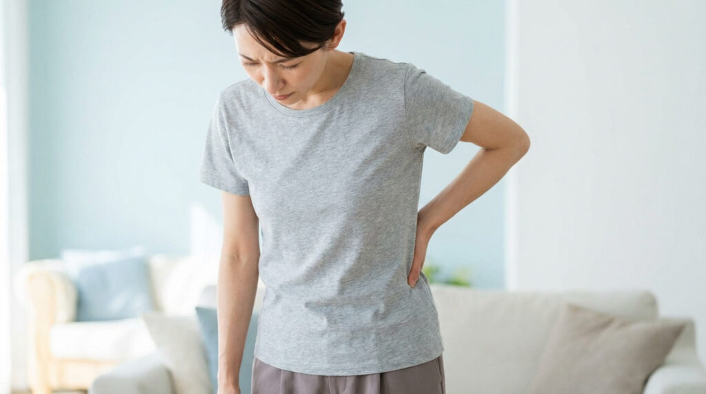 Femme aux cheveux bruns, en t-shirt gris, se tenant le bas du dos ou le flanc droit avec une expression de douleur intense.
