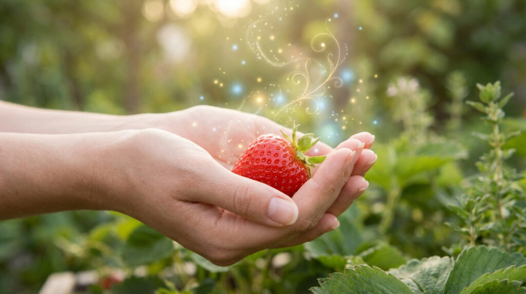 Des mains tiennent délicatement une fraise rouge brillante, entourée d'un halo lumineux et d'étincelles dorées sur fond végétal flou.
