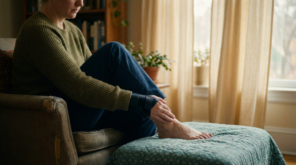 Une personne, main avec attelle, touche son pied nu sur un repose-pieds. Confort et réflexion sur un handicap invisible.