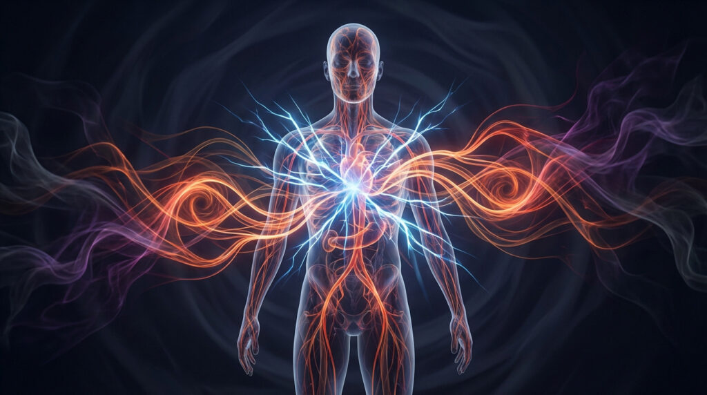 Figure humaine translucide avec des lignes énergétiques rouges et bleues émanant du cœur, symbolisant la réponse au stress.