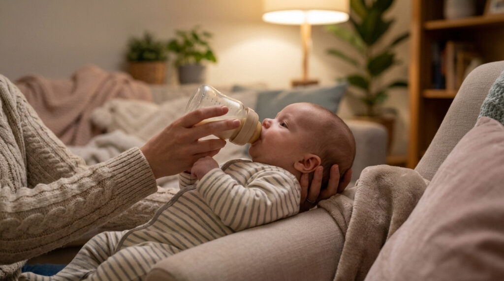 Un nourrisson aux yeux ouverts boit son biberon, tenu par les mains d'un adulte dans un salon chaleureux et intime.