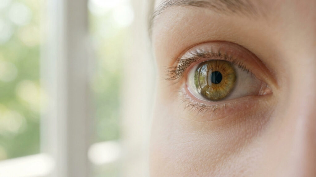 Gros plan sur un œil humain avec iris marron-vert, cils, et reflet d'une fenêtre. Représente la santé oculaire.
