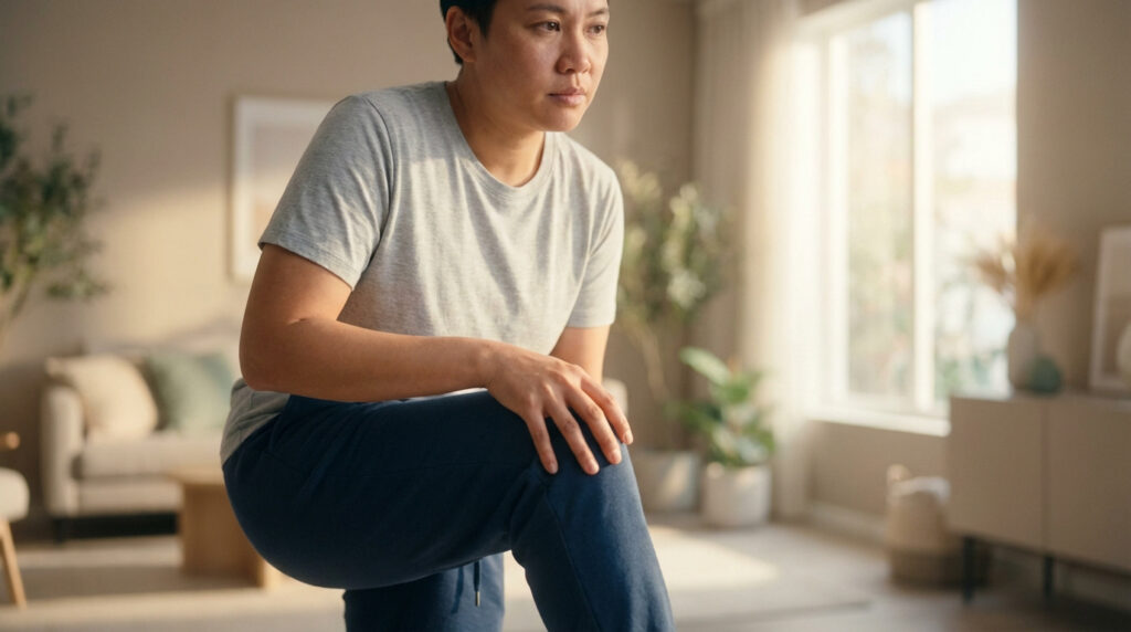 Femme assise ou accroupie, tenant son genou avec une expression préoccupée dans un salon lumineux, peut-être à cause de la douleur.