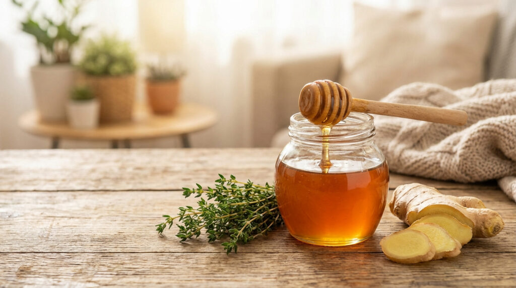 Un pot de miel avec une cuillère, du thym frais et du gingembre tranché sur une table en bois. Des remèdes naturels efficaces contre la toux sèche.