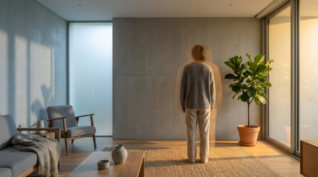 Dans un salon moderne, une silhouette floue et translucide se tient dos au spectateur devant un mur gris, évoquant une altération.