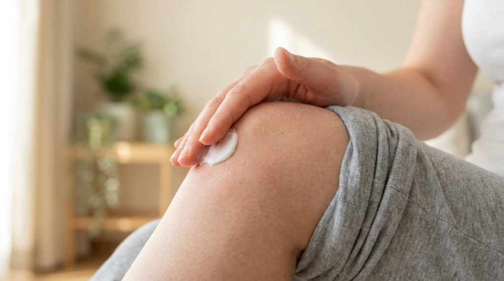 Gros plan d'une main appliquant une crème émolliente sur un genou. La peau est sèche, avec des signes d'eczéma.