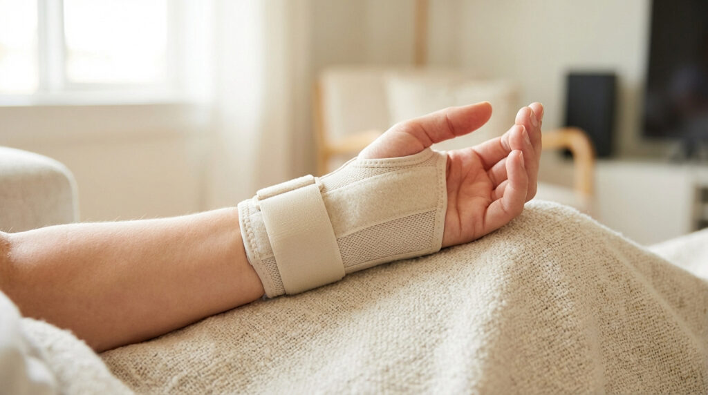 Main et poignet droit avec une attelle beige sur une couverture. Soutien et soulagement d'un kyste synovial ou douleur au poignet.