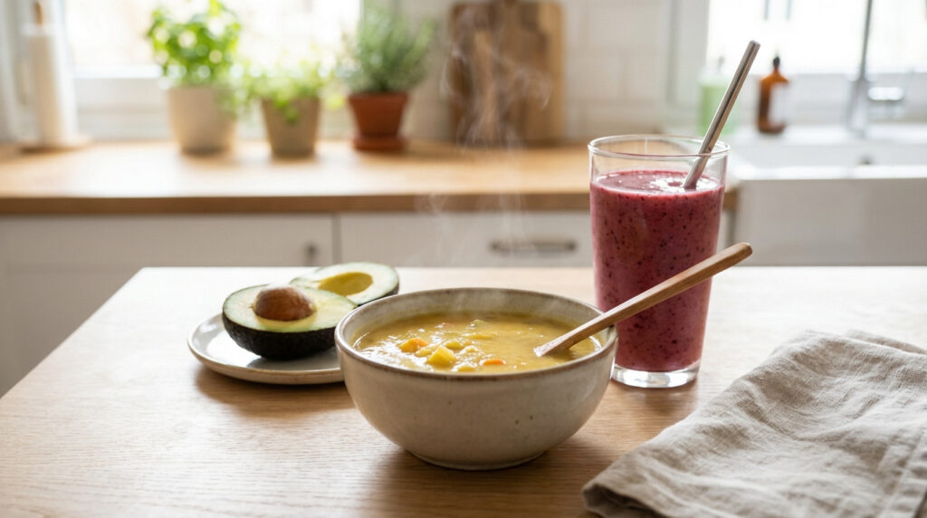 Bol de soupe chaude, smoothie rouge avec paille métallique, et avocat coupé en deux sur une table de cuisine lumineuse.