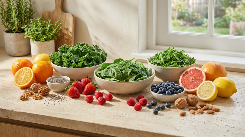 Un comptoir de cuisine ensoleillé avec des bols de chou frisé, épinards, roquette, et une variété de fruits, noix et graines.