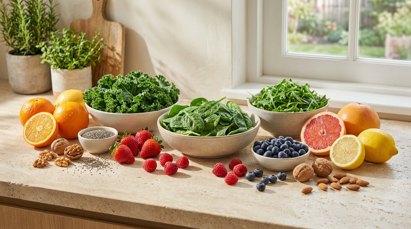 Un comptoir de cuisine ensoleillé avec des bols de chou frisé, épinards, roquette, et une variété de fruits, noix et graines.