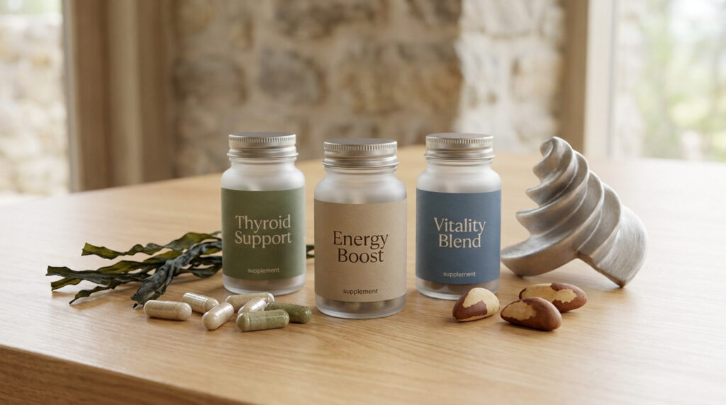 Flacons de compléments (Thyroid Support, Energy Boost, Vitality Blend) avec gélules, algues et noix du Brésil. Contexte hypothyroïdie.