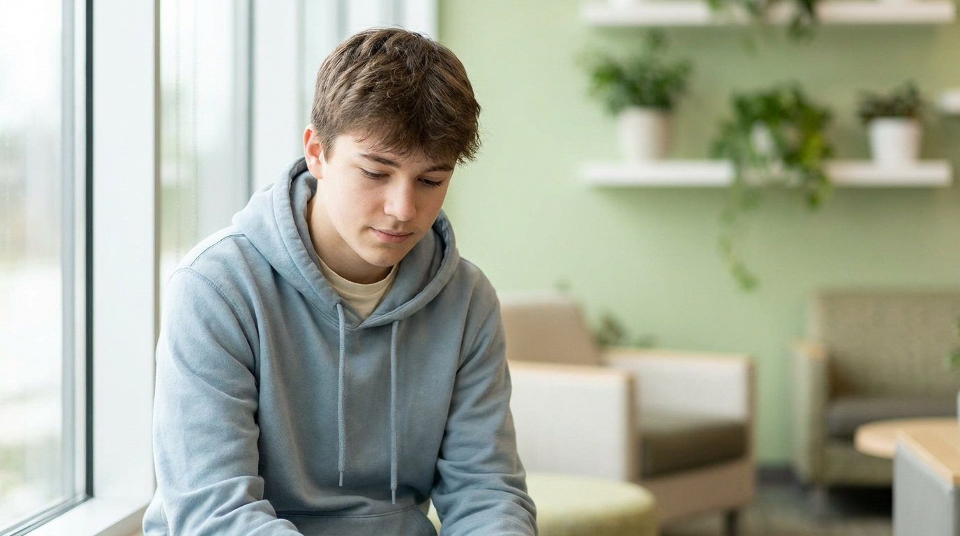Un jeune adolescent en sweat à capuche bleu, le regard baissé et pensif, est assis près d'une fenêtre lumineuse. En arrière-plan, un mur vert pâle avec des plantes.