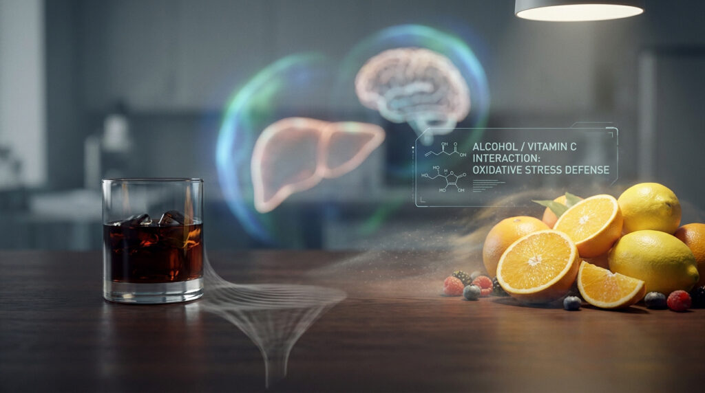 Un verre d'alcool et des agrumes (vitamine C) avec des hologrammes de foie, cerveau et formules chimiques illustrant l'interaction.