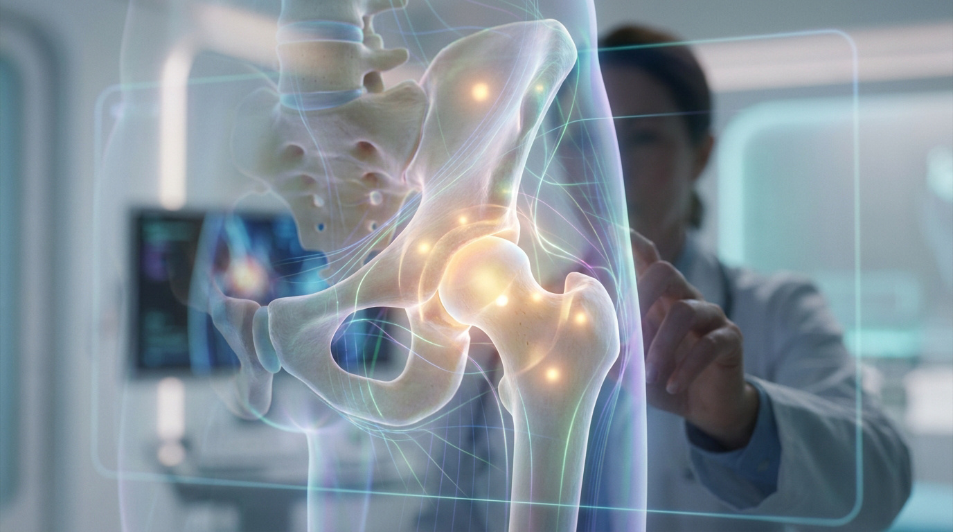 Médecin examinant une hanche en 3D holographique avec points lumineux, suggérant une scintigraphie ou analyse de douleur.