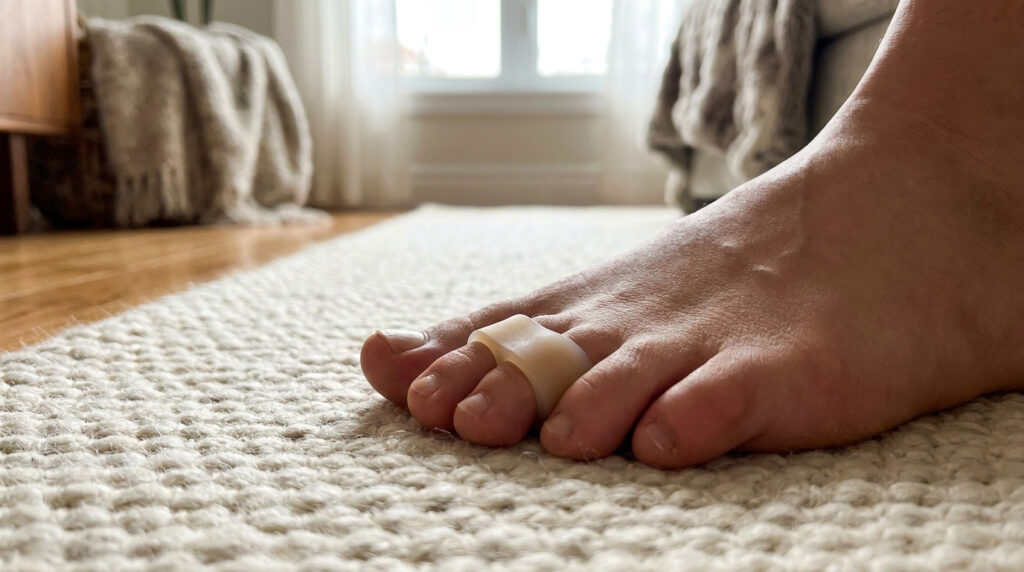 Un pied avec une orthoplastie beige entre l'hallux et le deuxième orteil, sur un tapis clair, pour corriger la griffe d'orteil.