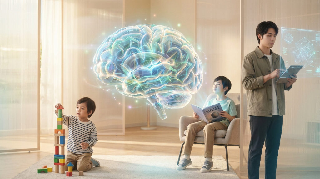 Un enfant joue aux blocs, un autre lit, un adulte utilise une tablette. Un cerveau lumineux flotte au centre. L'image symbolise l'apprentissage et le développement.