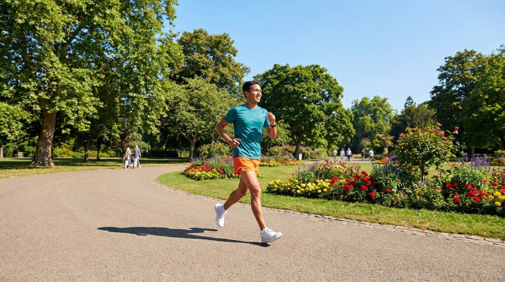 Un homme souriant en t-shirt bleu et short orange court sur un chemin ensoleillé dans un parc avec des parterres de fleurs colorés.
