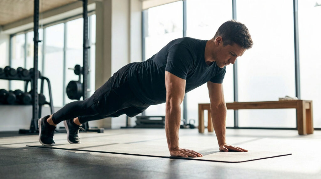 Homme concentré en position de planche sur un tapis de yoga dans une salle de sport lumineuse. Il fait de l'isométrie.