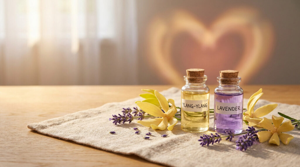 Deux flacons d'huiles essentielles (Ylang-Ylang, Lavande) sur un tissu avec fleurs, un cœur lumineux en arrière-plan symbolisant l'apaisement.