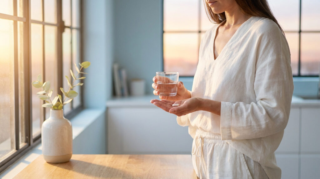 Gros plan sur une femme en tenue décontractée, tenant un verre d'eau et une gélule de probiotiques près d'une fenêtre ensoleillée.