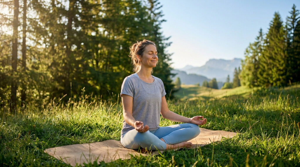 Femme sereine méditant en position du lotus sur un tapis de yoga dans un pré ensoleillé, entourée d'arbres et montagnes.