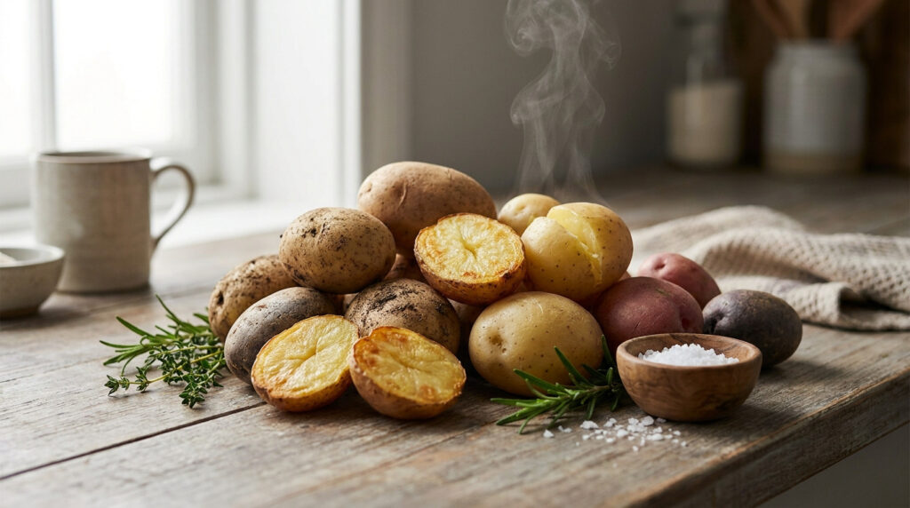 Pommes de terre variées (crues, bouillies, rôties) avec herbes aromatiques et sel marin, vapeur s'échappant, sur planche de bois.