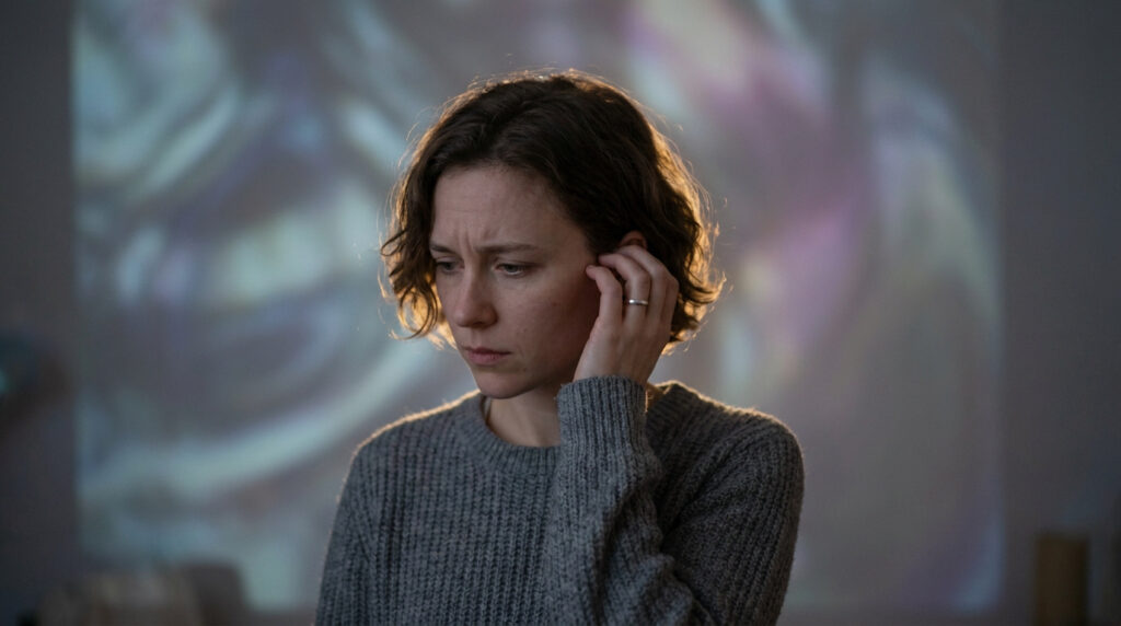 Portrait d'une femme pensive au pull gris, main sur l'oreille gauche, visage exprimant l'inquiétude. Arrière-plan flou.