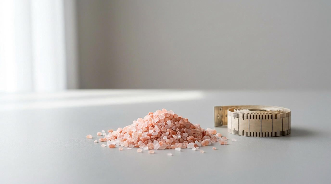 Une pile de sel rose de l'Himalaya à côté d'un mètre de couturière enroulé, sur une surface claire. Contexte de perte de poids.