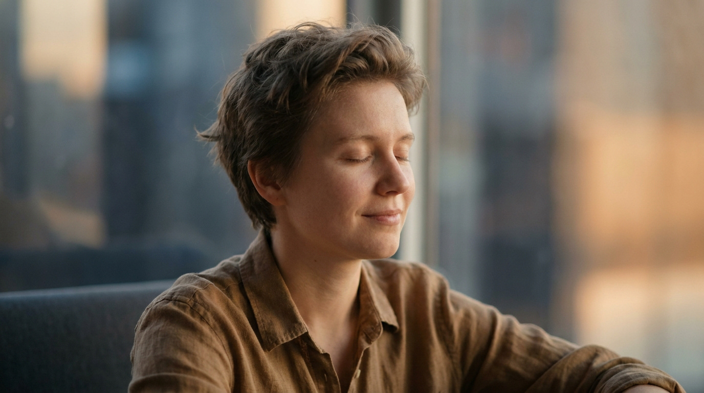 Personne aux cheveux courts, les yeux fermés, le visage apaisé et souriant légèrement, semblant sereine et en pleine réflexion.