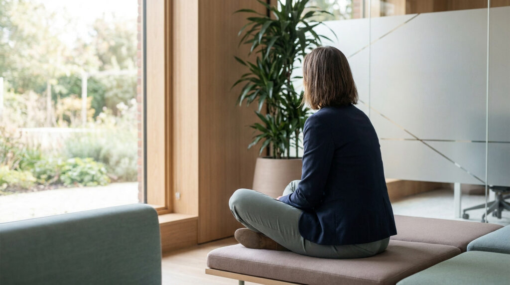Personne de dos, assise en tailleur sur un banc moderne, regardant un jardin par la fenêtre. Environnement calme.