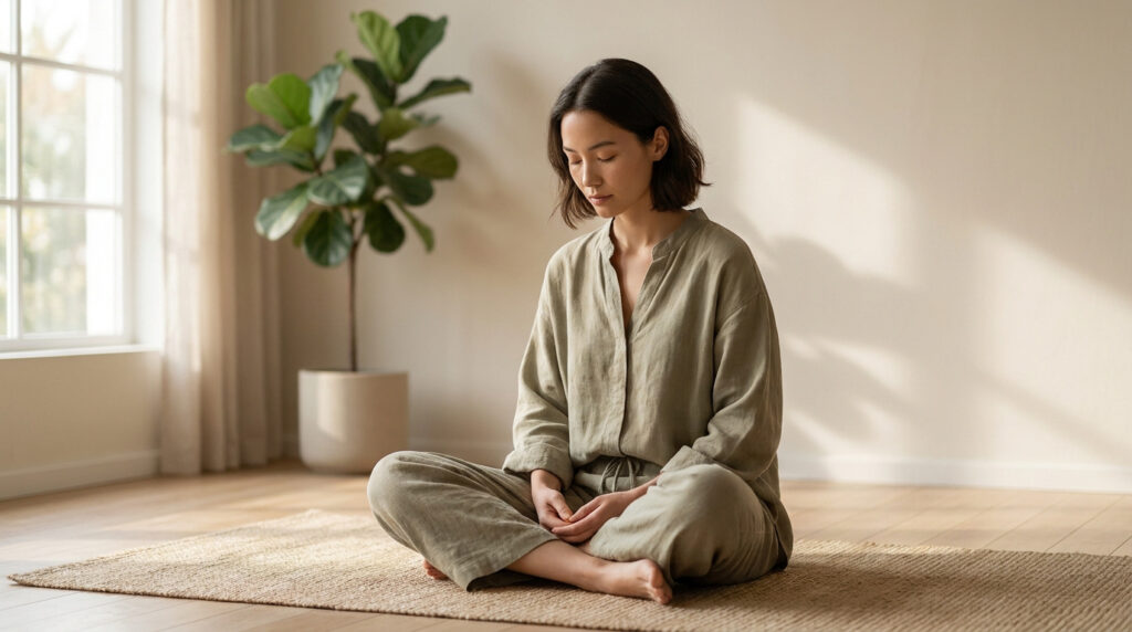 Femme méditant en tailleur sur un tapis de jute, les yeux clos, dans une pièce lumineuse. Ambiance sereine pour apaiser l'esprit.