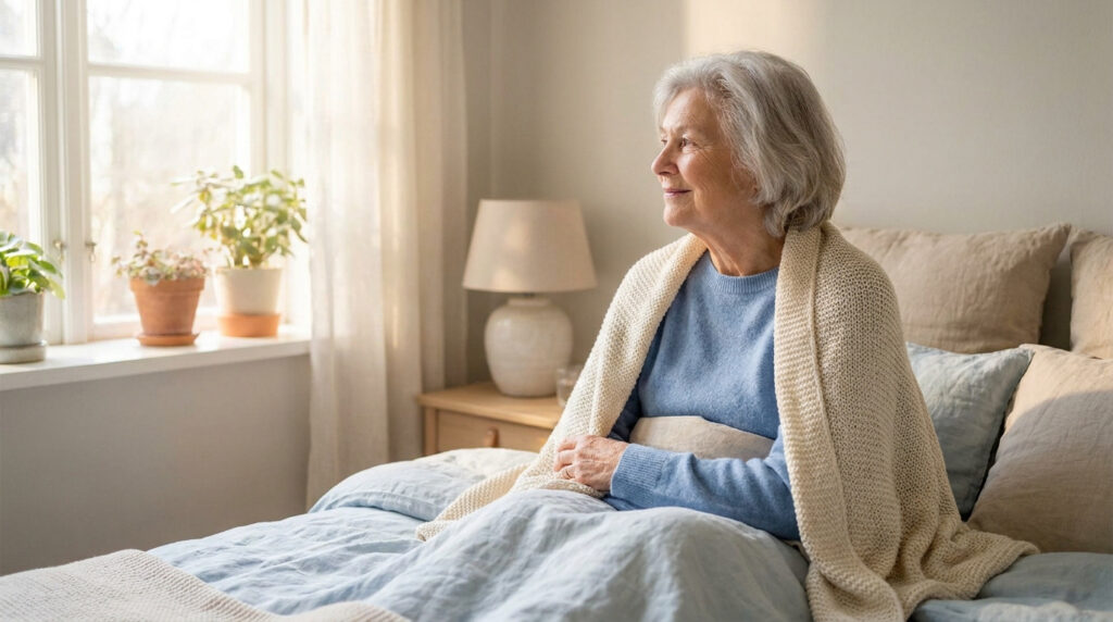 Femme âgée aux cheveux gris, assise dans son lit avec une couverture, regardant la fenêtre lumineuse. Une chambre paisible et confortable.
