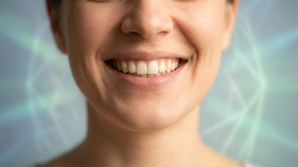 Gros plan sur le sourire d'une personne aux dents blanches et saines, avec un arrière-plan flou aux motifs lumineux.