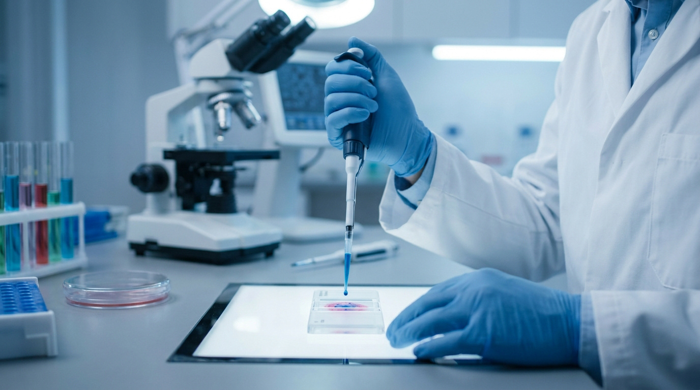 Mains gantées d'un scientifique pipettant un liquide bleu dans une boîte de culture sur une table lumineuse. Matériel de labo en arrière-plan.