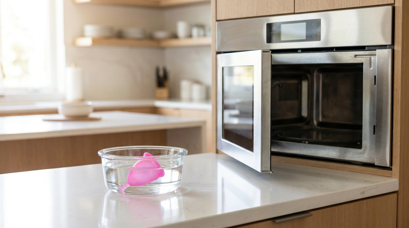 Une coupe menstruelle rose dans un bol d'eau sur le plan de travail d'une cuisine, devant un micro-onde ouvert.
