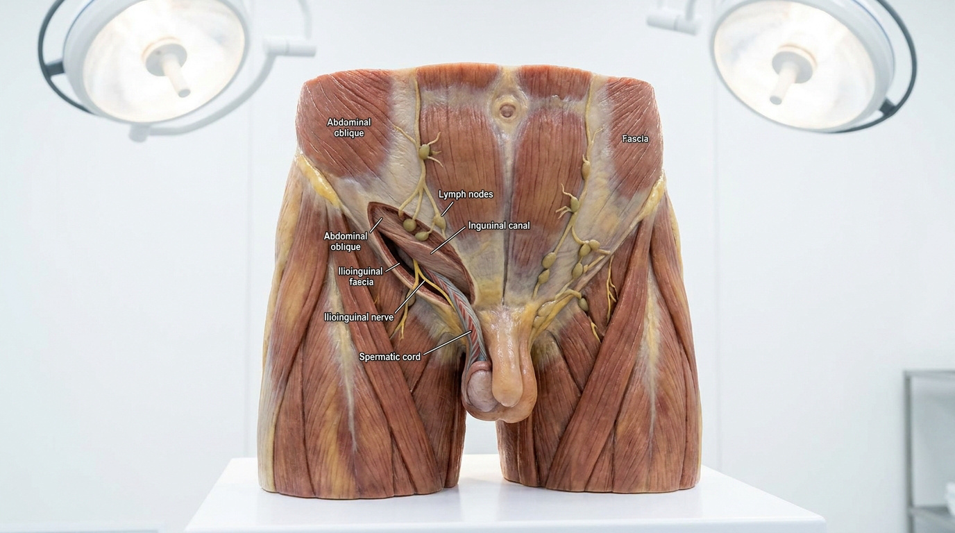 Modèle anatomique du bassin masculin mettant en évidence les muscles, le canal inguinal et les structures nerveuses.