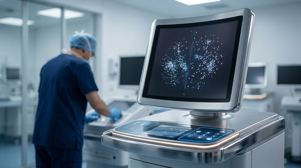 Écran de mammographe affichant des microcalcifications avec un médecin en arrière-plan dans une salle d'examen.