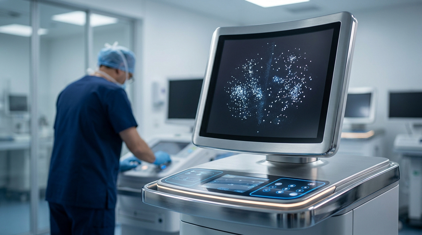 Écran de mammographe affichant des microcalcifications avec un médecin en arrière-plan dans une salle d'examen.