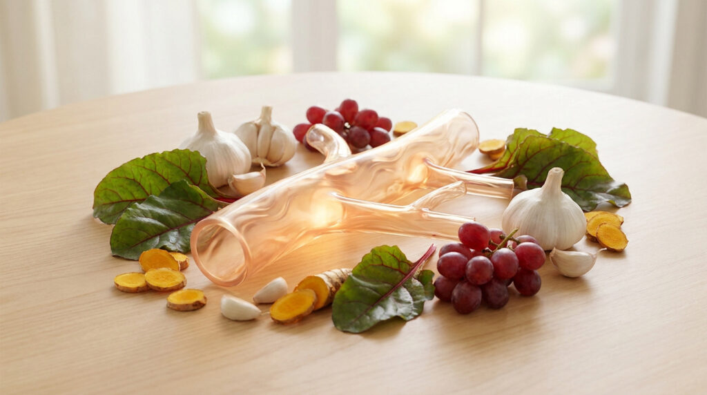 Un modèle d'artère entouré d'aliments sains comme de l'ail, du raisin, des feuilles de blette et du curcuma.
