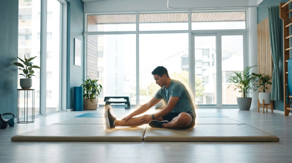 Un homme en tenue de sport s'étire la jambe sur un tapis dans une salle lumineuse, avec un halo lumineux autour du muscle.