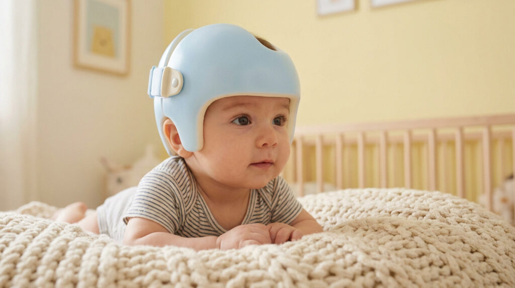 Un bébé portant un casque médical bleu clair pour la plagiocéphalie, allongé confortablement sur un tapis en maille.