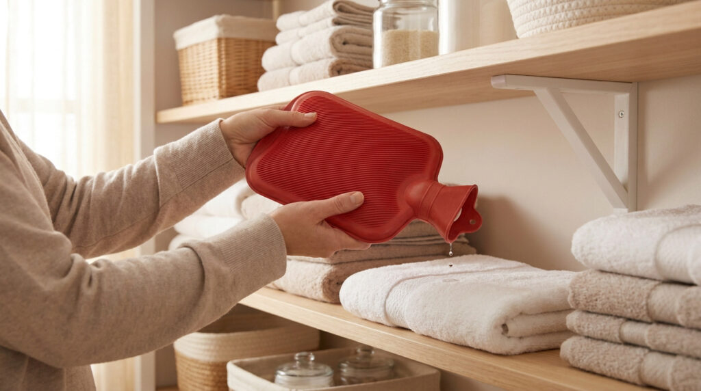 Une personne vide l'eau d'une bouillotte rouge en caoutchouc au-dessus d'étagères avec des serviettes.