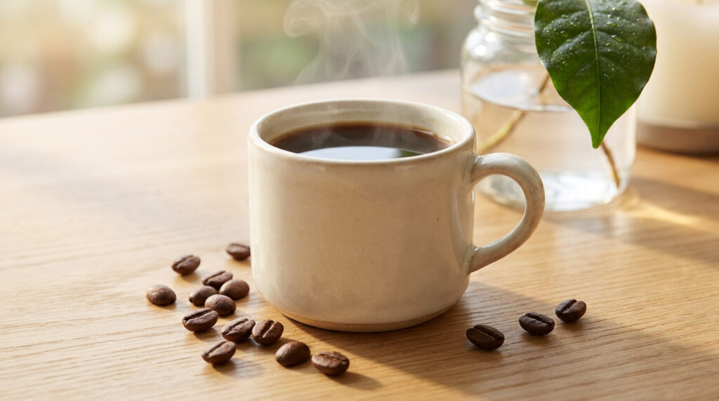 Une tasse de café fumante entourée de grains de café sur une table en bois clair.
