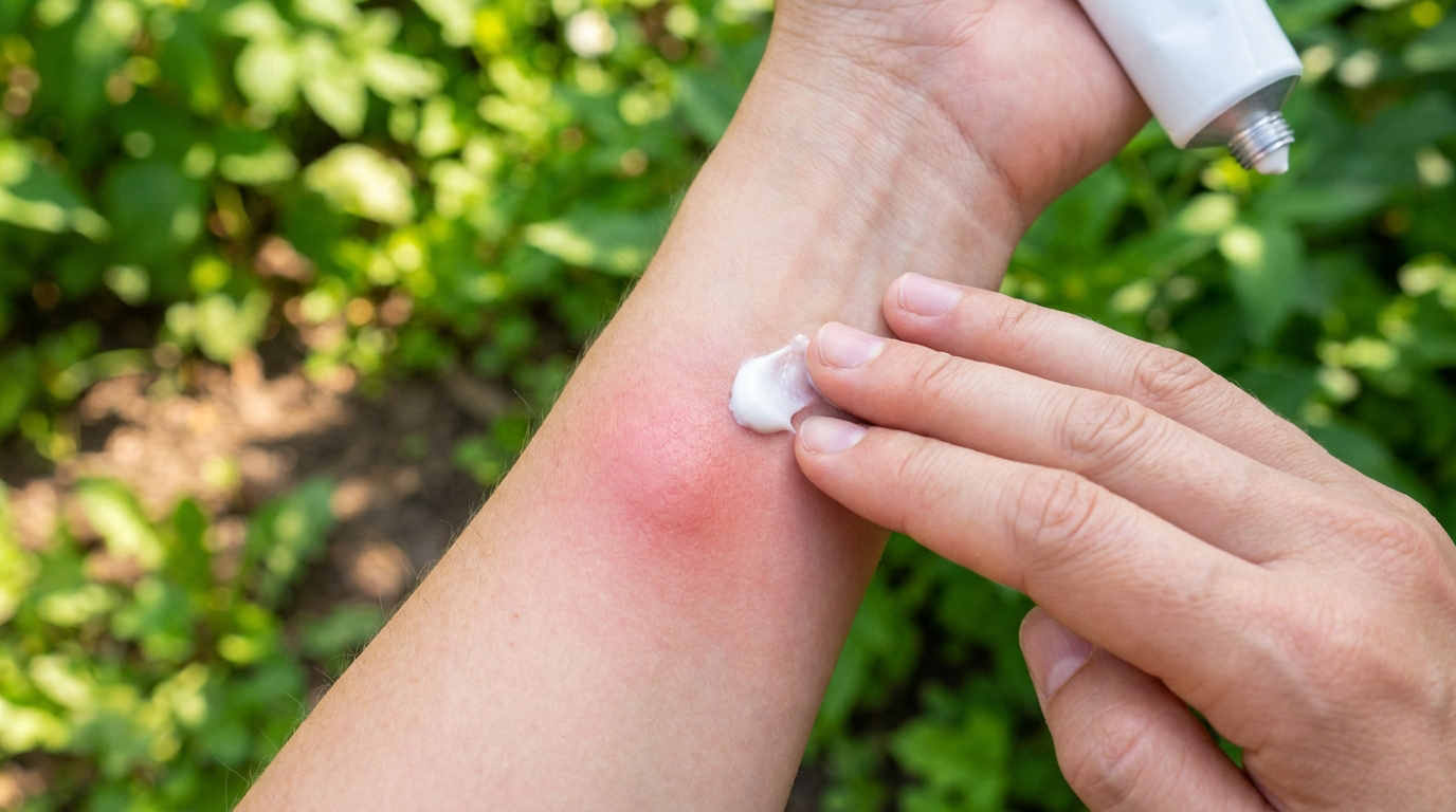 Une personne applique une crème apaisante sur une piqûre de moustique enflée et rouge sur son avant-bras.