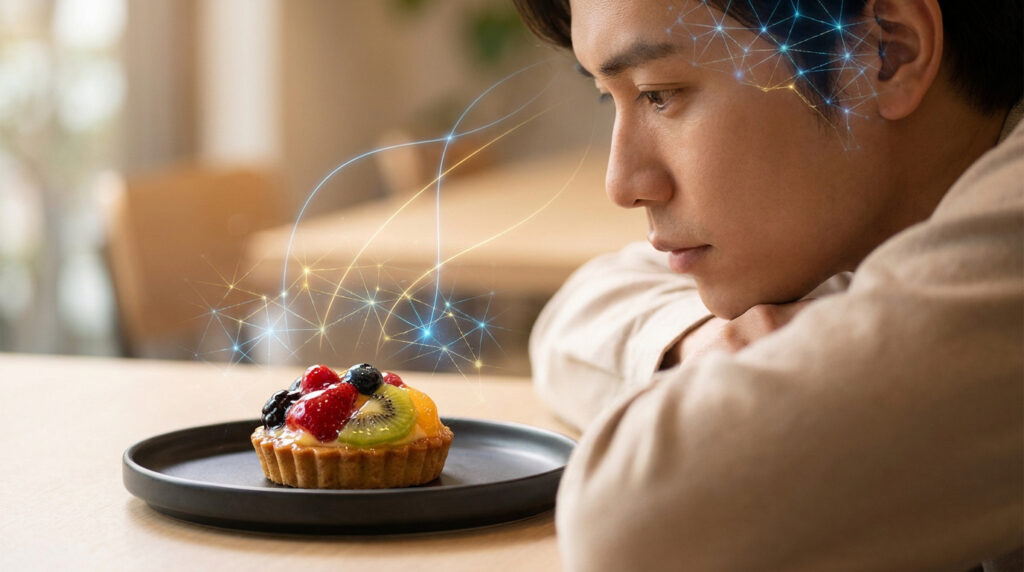Un homme regarde une tartelette aux fruits avec des connexions neuronales lumineuses reliant son cerveau au dessert.